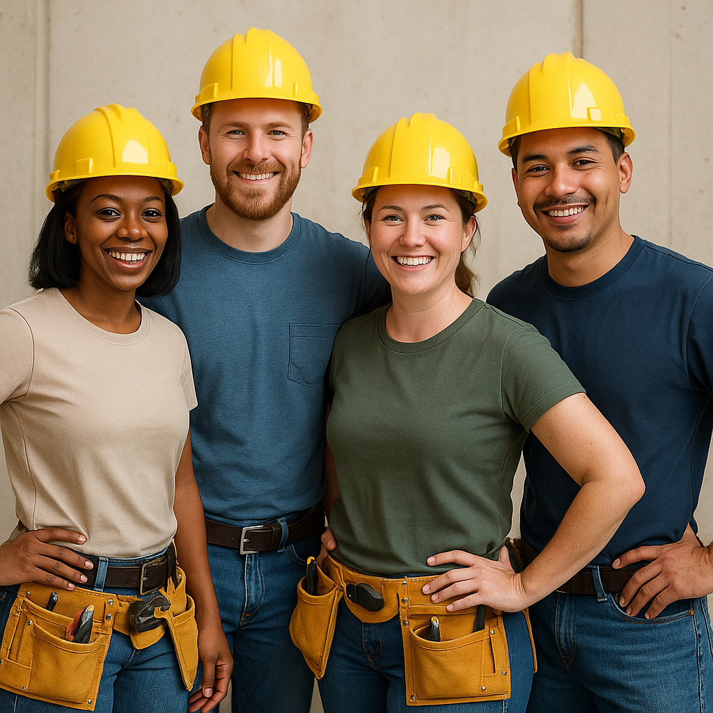 A team of smiling contractors with mixture of differences races and genders